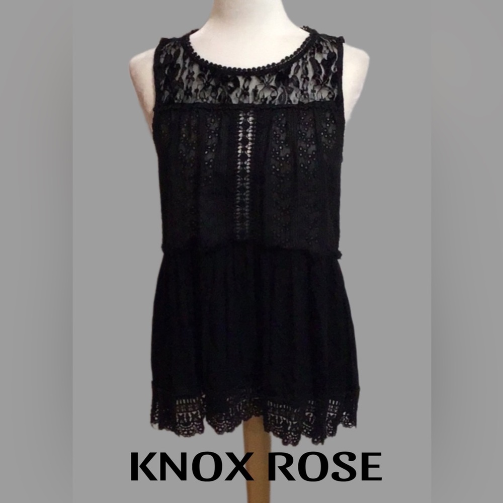 Knox Rose Black Lace and Eyelet Tank Top with Black Gathered Bottom, Size Medium